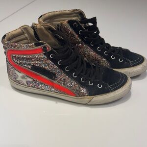 Golden Goose sz 38 Slide high top Black and neon Red Sneakers